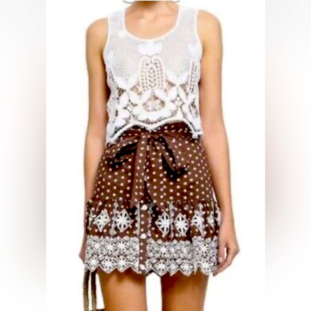MIGUELINA Brown Polka Dot Print Mini Skirt NEW  w/embroidery lace accents sz s